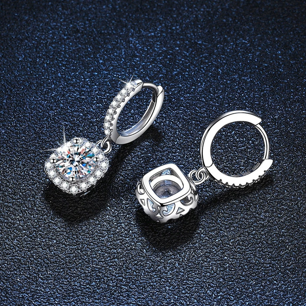 Round Halo Moissanite Hoop Drop Earrings with CZ in White Gold-Plated S925 dark background product display view