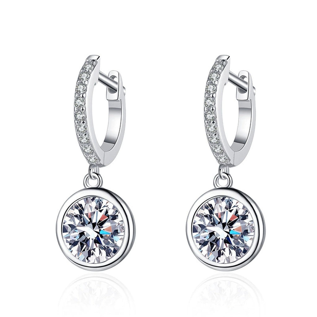 Round Moissanite Hoop Drop Earrings with CZ in White Gold-Plated S925 on clean white background showing the pair and minimal hoop drops with round moissanite centers