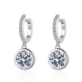 Round Moissanite Hoop Drop Earrings with CZ in White Gold-Plated S925 on clean white background showing the pair and minimal hoop drops with round moissanite centers