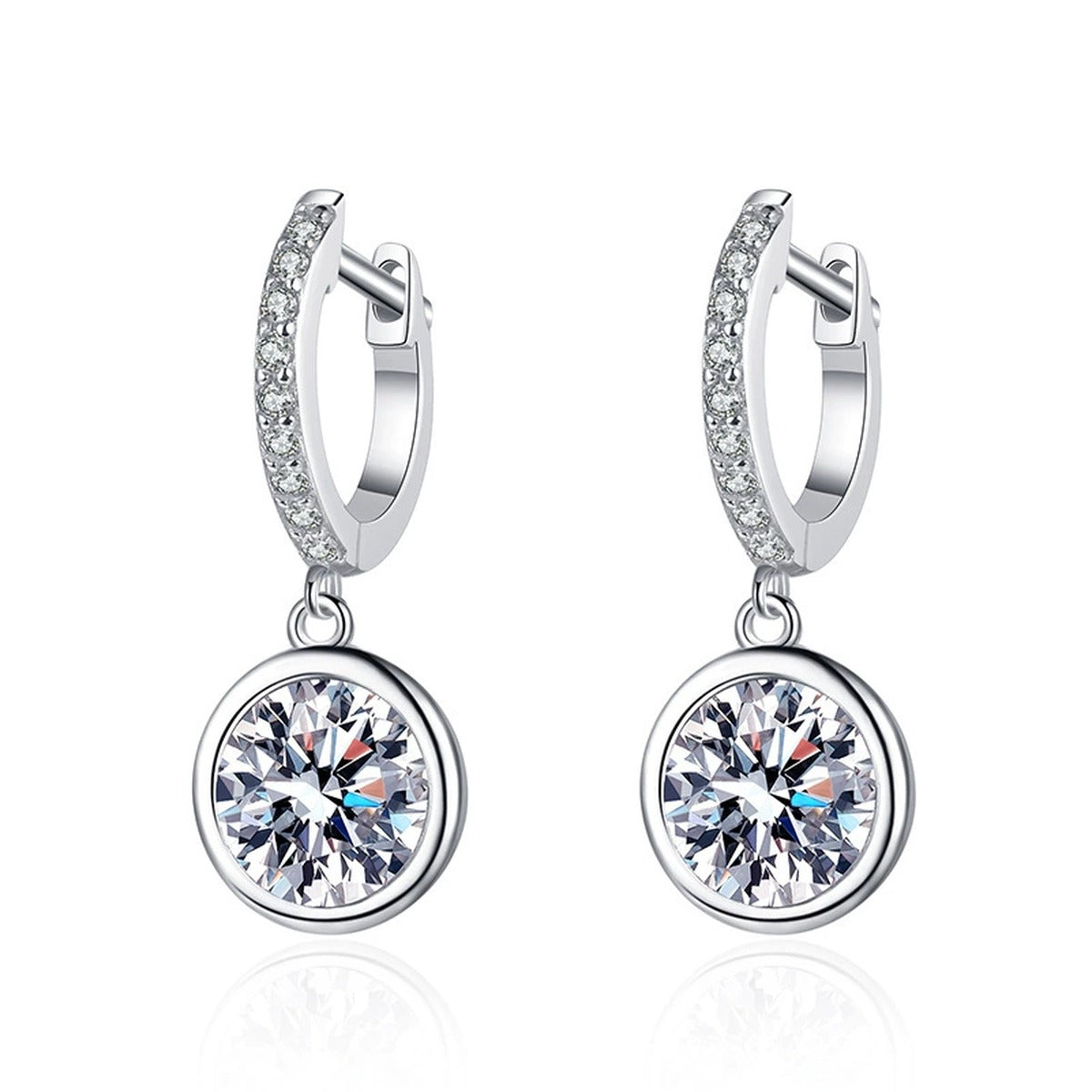 Round Moissanite Hoop Drop Earrings with CZ in White Gold-Plated S925 on clean white background showing the pair and minimal hoop drops with round moissanite centers