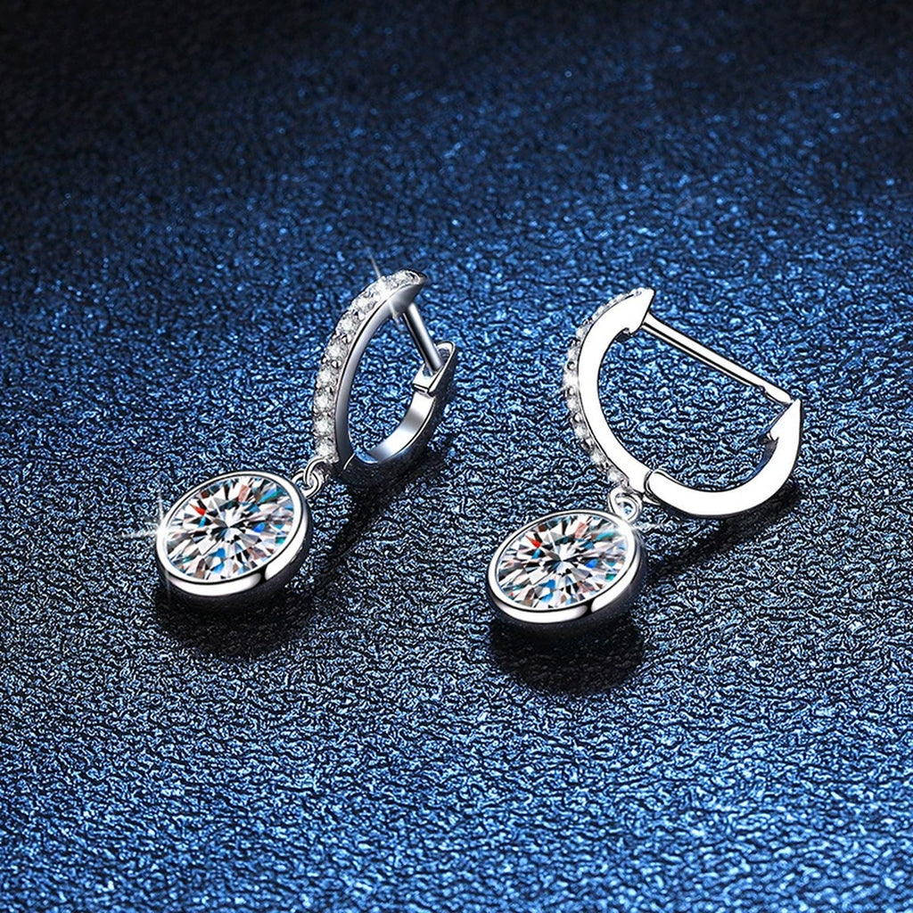 Round Moissanite Hoop Drop Earrings with CZ in White Gold-Plated S925 blue scene product view