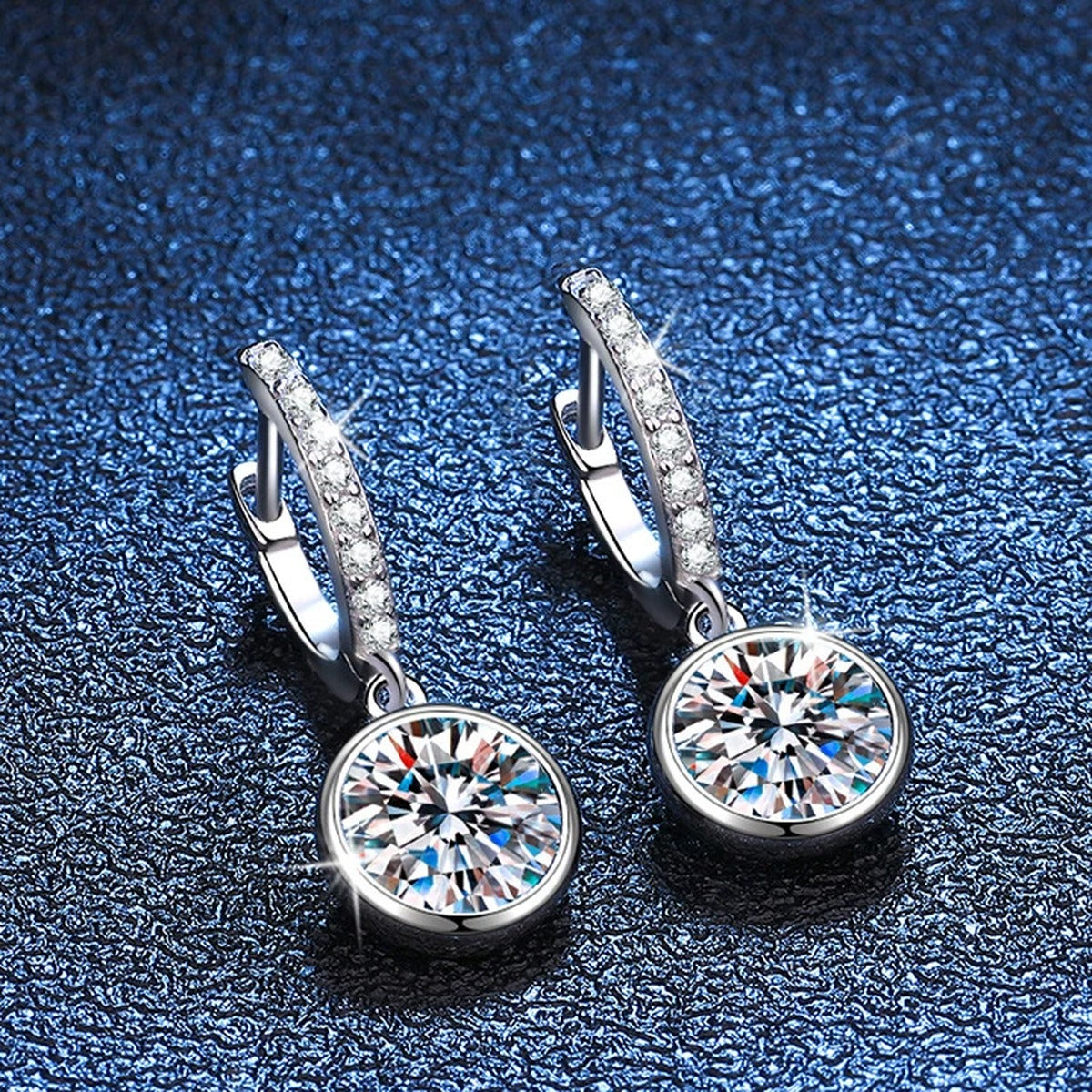 Round Moissanite Hoop Drop Earrings with CZ in White Gold-Plated S925 blue scene angled view