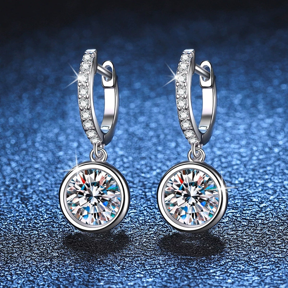 Round Moissanite Hoop Drop Earrings with CZ in White Gold-Plated S925 blue scene close-up view