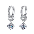 Floral Moissanite Hoop Drop Earrings with CZ in White Gold-Plated S925 on clean white background showing the pair and flower-like moissanite drops on pavé huggie hoops