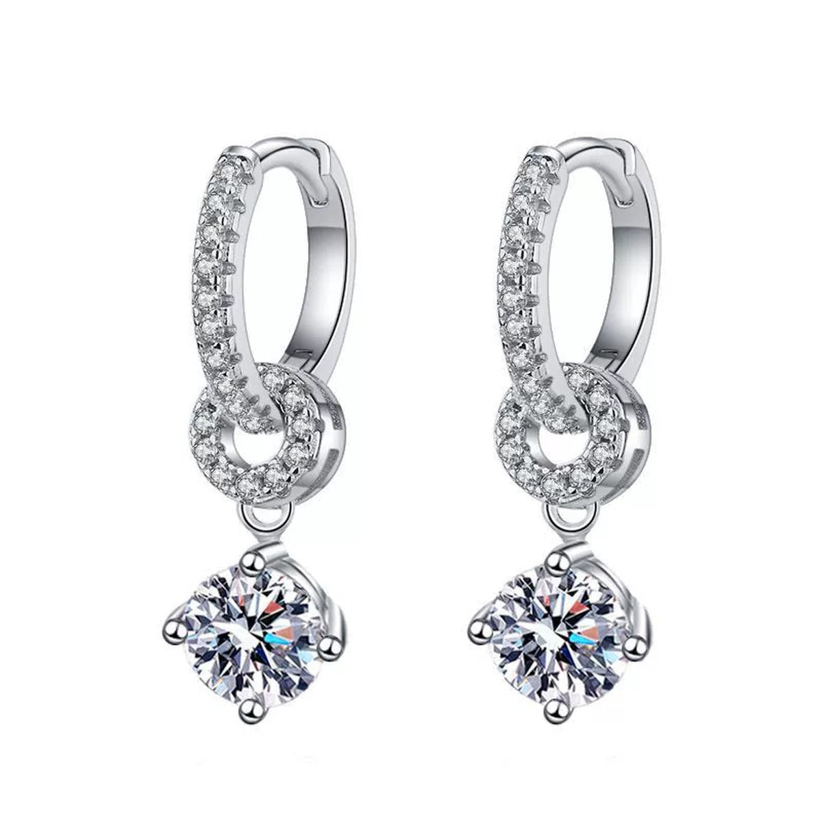 Floral Moissanite Hoop Drop Earrings with CZ in White Gold-Plated S925 on clean white background showing the pair and flower-like moissanite drops on pavé huggie hoops