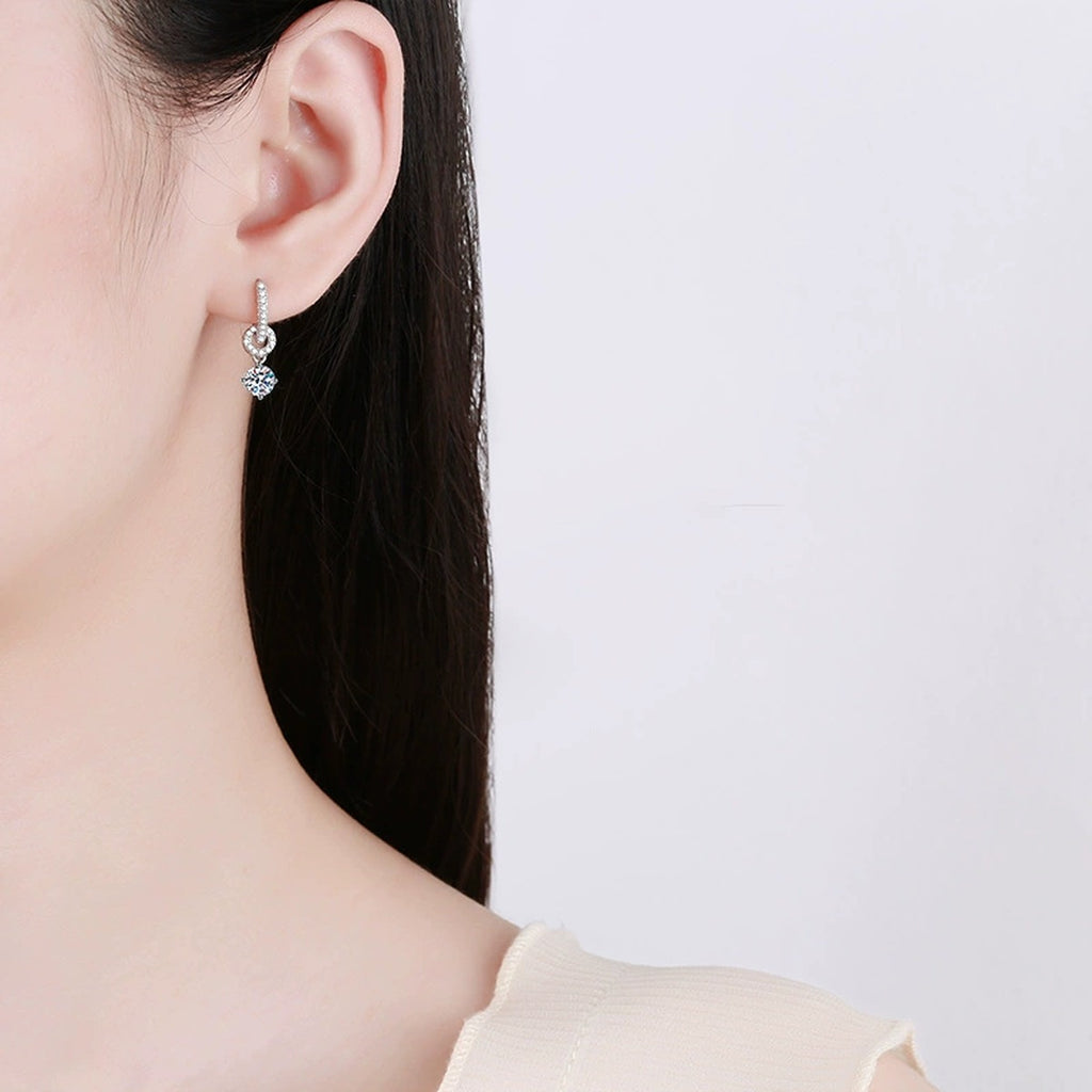 Floral Moissanite Hoop Drop Earrings with CZ in White Gold-Plated S925 worn on ear by model