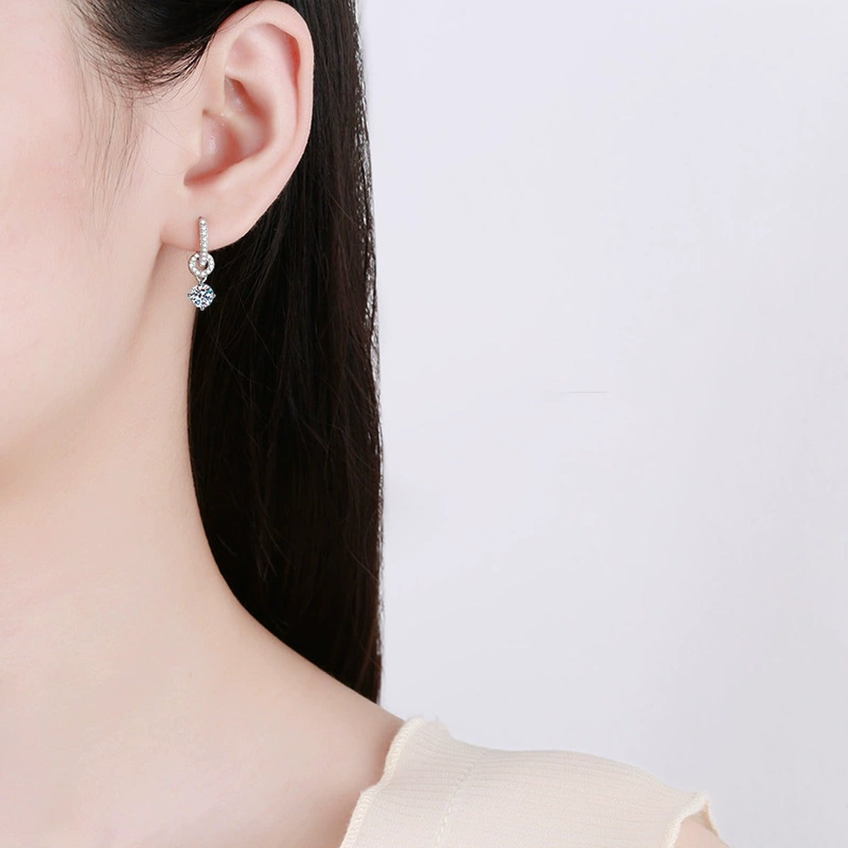 Floral Moissanite Hoop Drop Earrings with CZ in White Gold-Plated S925 worn on ear by model