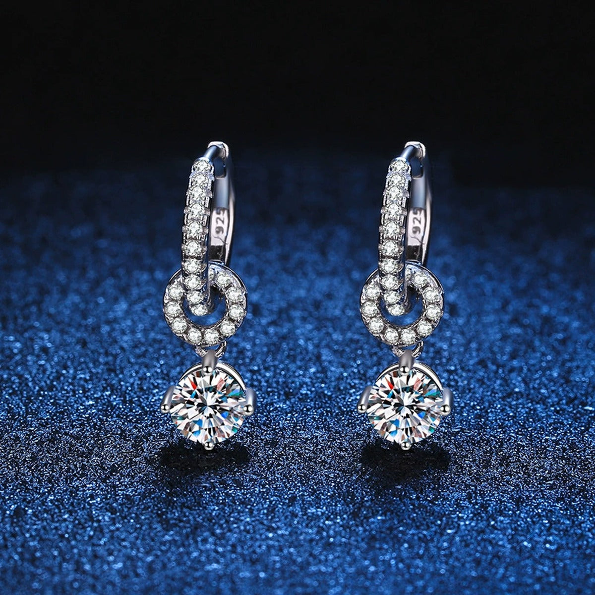 Floral Moissanite Hoop Drop Earrings with CZ in White Gold-Plated S925 blue scene product view