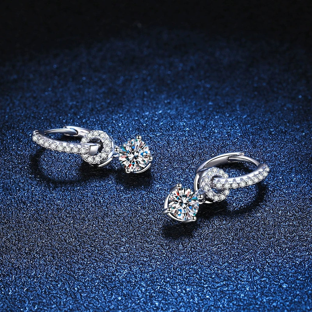Floral Moissanite Hoop Drop Earrings with CZ in White Gold-Plated S925 blue scene angled view