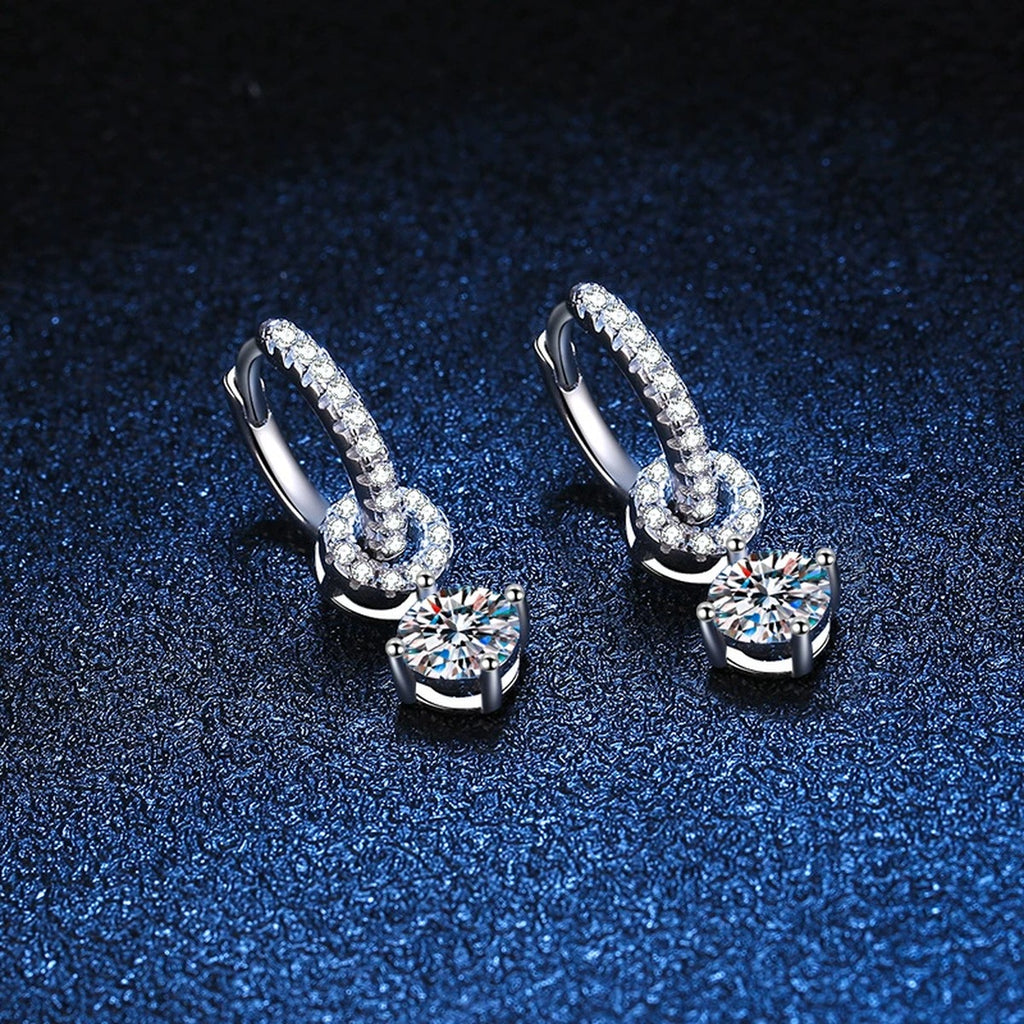 Floral Moissanite Hoop Drop Earrings with CZ in White Gold-Plated S925 blue scene close-up view