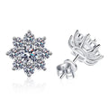 Snowflake Cluster Moissanite Stud Earrings with CZ in White Gold-Plated S925 on clean white background showing the pair and snowflake-style cluster studs with layered moissanite sparkle