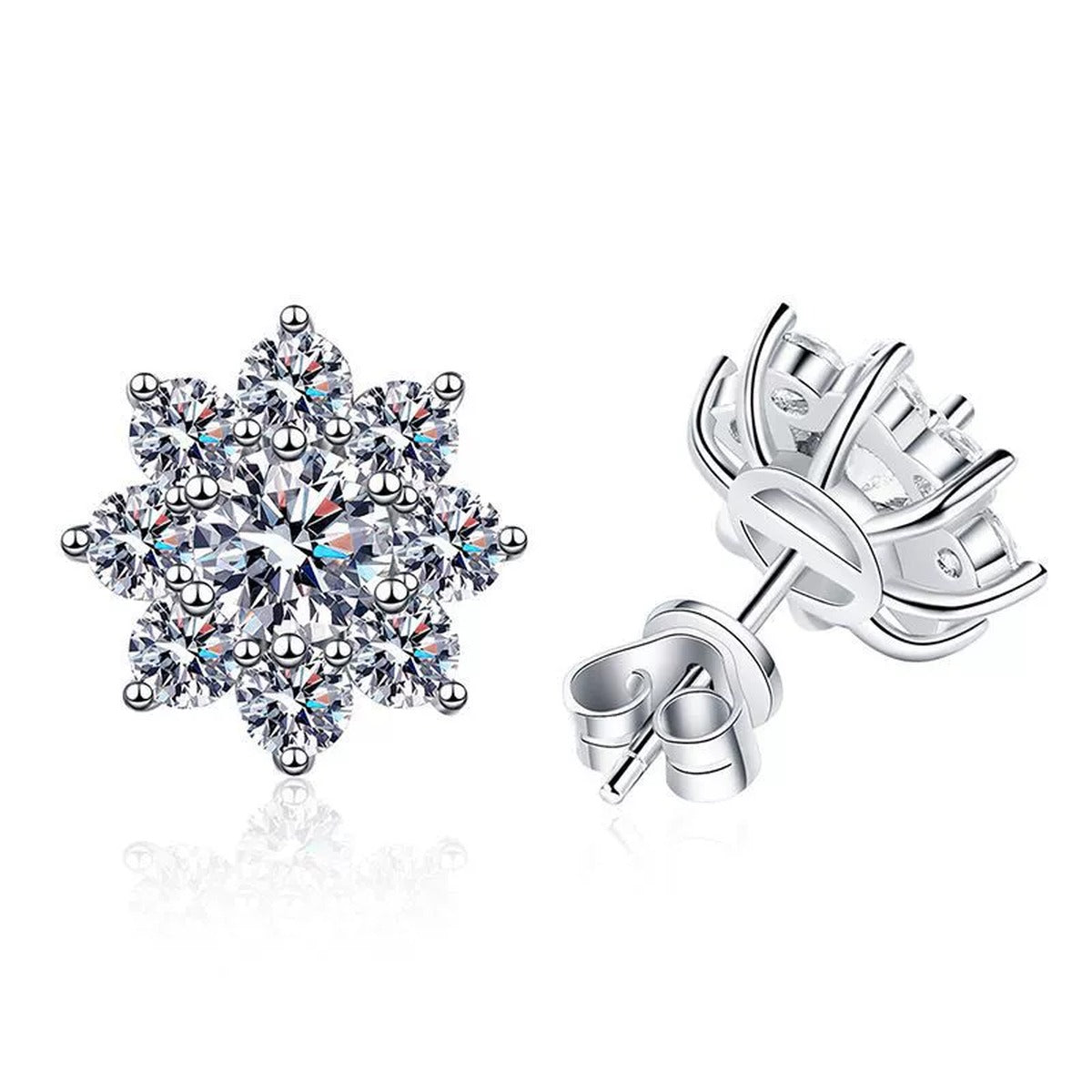 Snowflake Cluster Moissanite Stud Earrings with CZ in White Gold-Plated S925 on clean white background showing the pair and snowflake-style cluster studs with layered moissanite sparkle