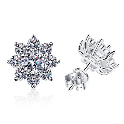 Snowflake Cluster Moissanite Stud Earrings with CZ in White Gold-Plated S925 on clean white background showing the pair and snowflake-style cluster studs with layered moissanite sparkle