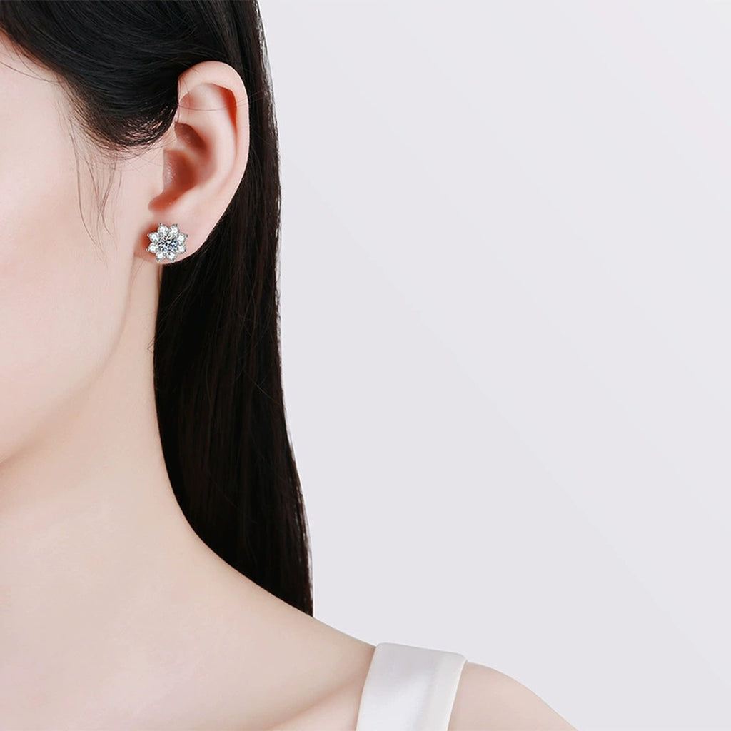 Snowflake Cluster Moissanite Stud Earrings with CZ in White Gold-Plated S925 worn on ear by model