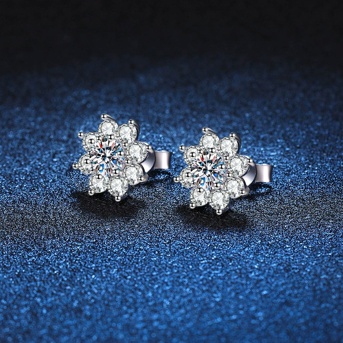 Snowflake Cluster Moissanite Stud Earrings with CZ in White Gold-Plated S925 blue scene product view