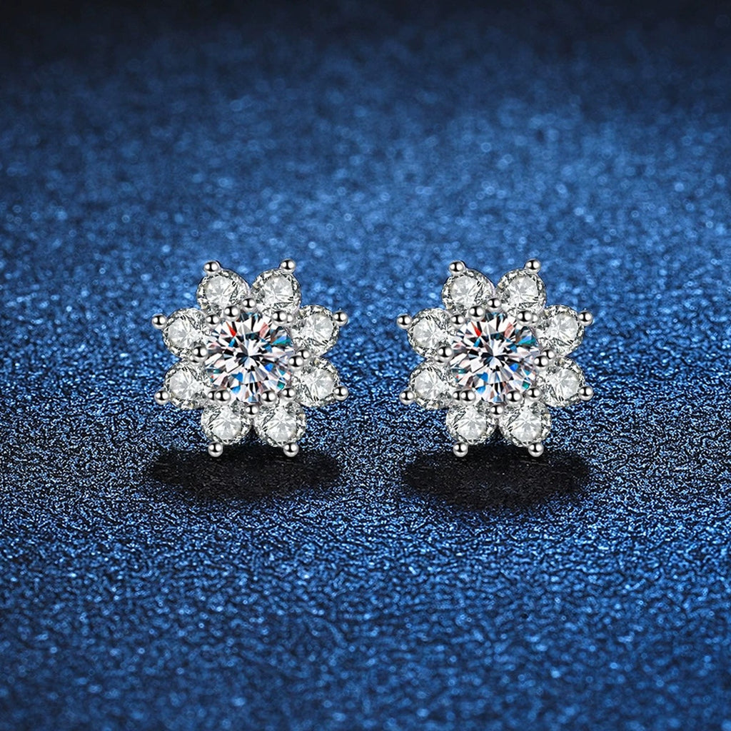 Snowflake Cluster Moissanite Stud Earrings with CZ in White Gold-Plated S925 blue scene angled view