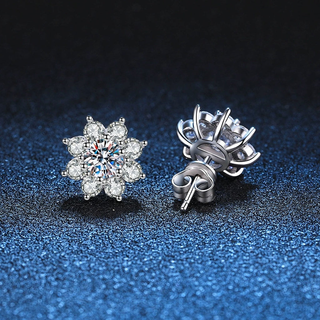 Snowflake Cluster Moissanite Stud Earrings with CZ in White Gold-Plated S925 blue scene close-up view