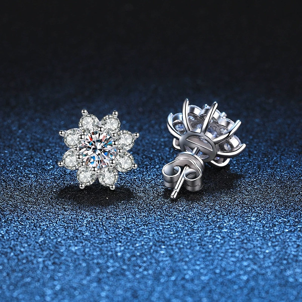 Snowflake Cluster Moissanite Stud Earrings with CZ in White Gold-Plated S925 blue scene close-up view