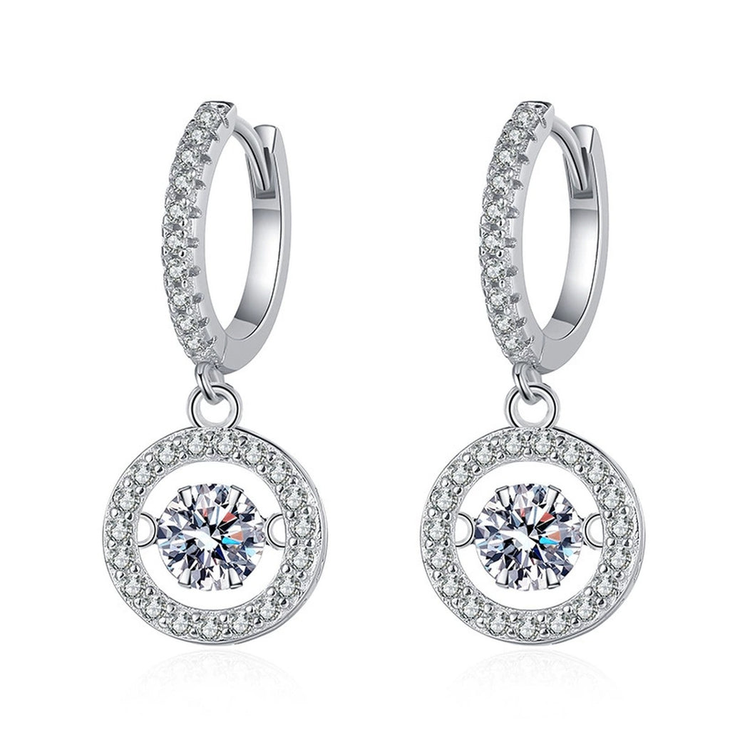 Round Halo Moissanite Hoop Drop Earrings with CZ in White Gold-Plated S925 on clean white background showing the pair and elongated halo hoop drops with a round moissanite center