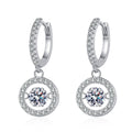 Round Halo Moissanite Hoop Drop Earrings with CZ in White Gold-Plated S925 on clean white background showing the pair and elongated halo hoop drops with a round moissanite center