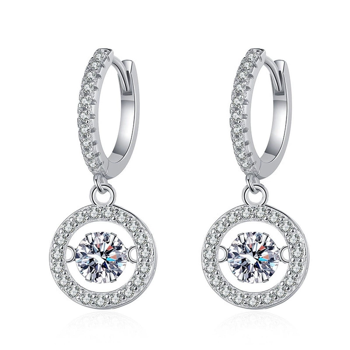 Round Halo Moissanite Hoop Drop Earrings with CZ in White Gold-Plated S925 on clean white background showing the pair and elongated halo hoop drops with a round moissanite center