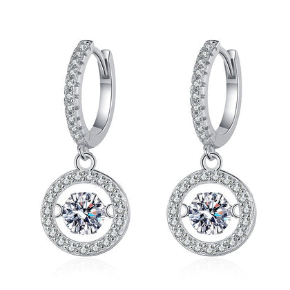 Round Halo Moissanite Hoop Drop Earrings with CZ in White Gold-Plated S925 on clean white background showing the pair and elongated halo hoop drops with a round moissanite center