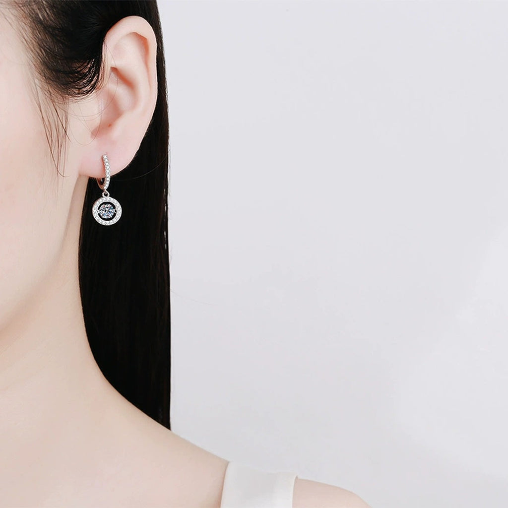 Round Halo Moissanite Hoop Drop Earrings with CZ in White Gold-Plated S925 worn on ear by model