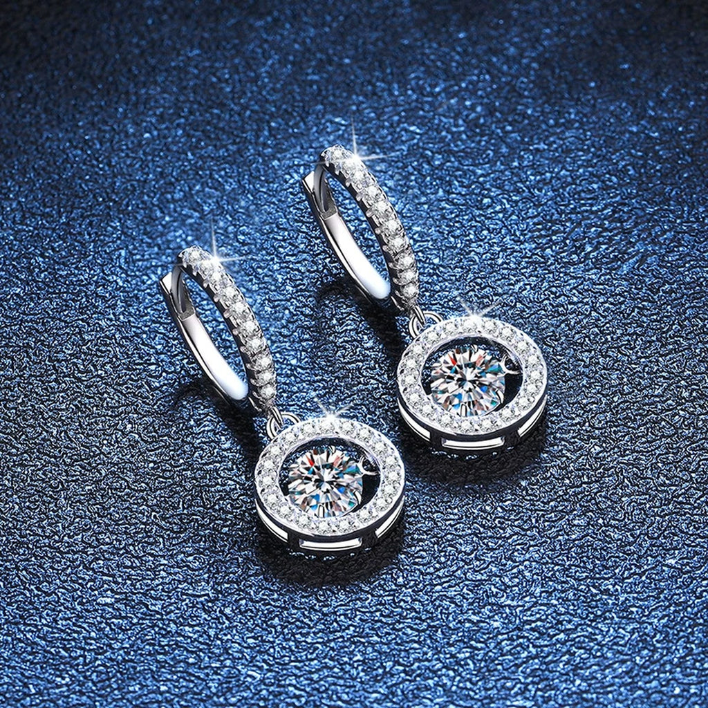 Round Halo Moissanite Hoop Drop Earrings with CZ in White Gold-Plated S925 blue scene product view