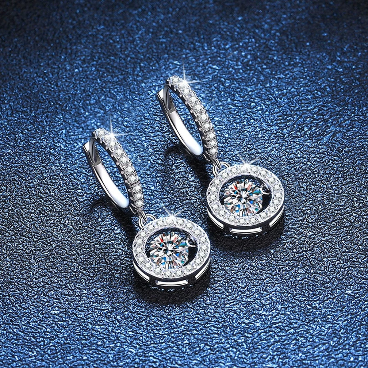 Round Halo Moissanite Hoop Drop Earrings with CZ in White Gold-Plated S925 blue scene product view