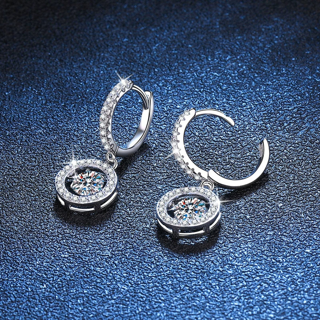 Round Halo Moissanite Hoop Drop Earrings with CZ in White Gold-Plated S925 blue scene angled view