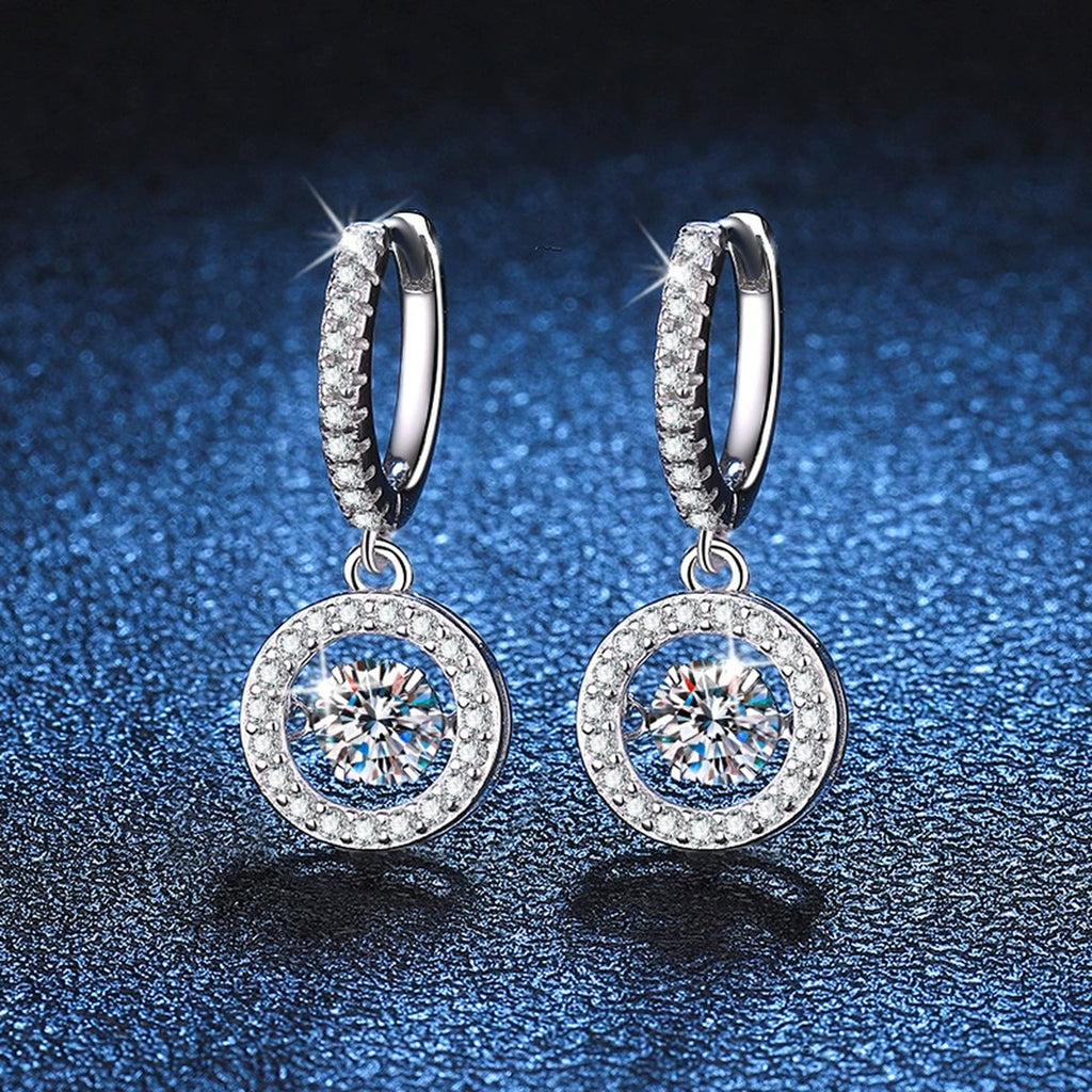 Round Halo Moissanite Hoop Drop Earrings with CZ in White Gold-Plated S925 blue scene close-up view