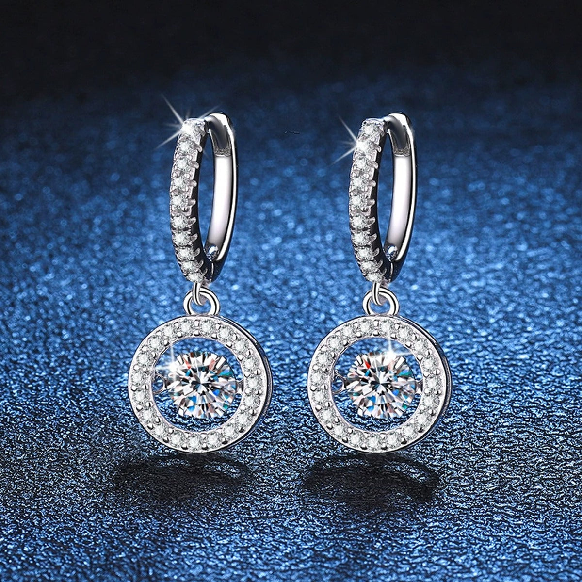 Round Halo Moissanite Hoop Drop Earrings with CZ in White Gold-Plated S925 blue scene close-up view