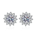 Floral Cluster Moissanite Stud Earrings with CZ in White Gold-Plated S925 on clean white background showing the pair and floral cluster studs with a full round outline