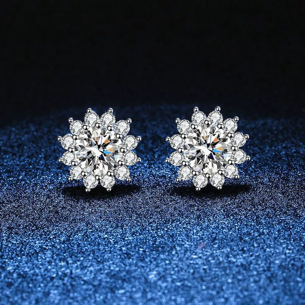 Floral Cluster Moissanite Stud Earrings with CZ in White Gold-Plated S925 blue scene product view