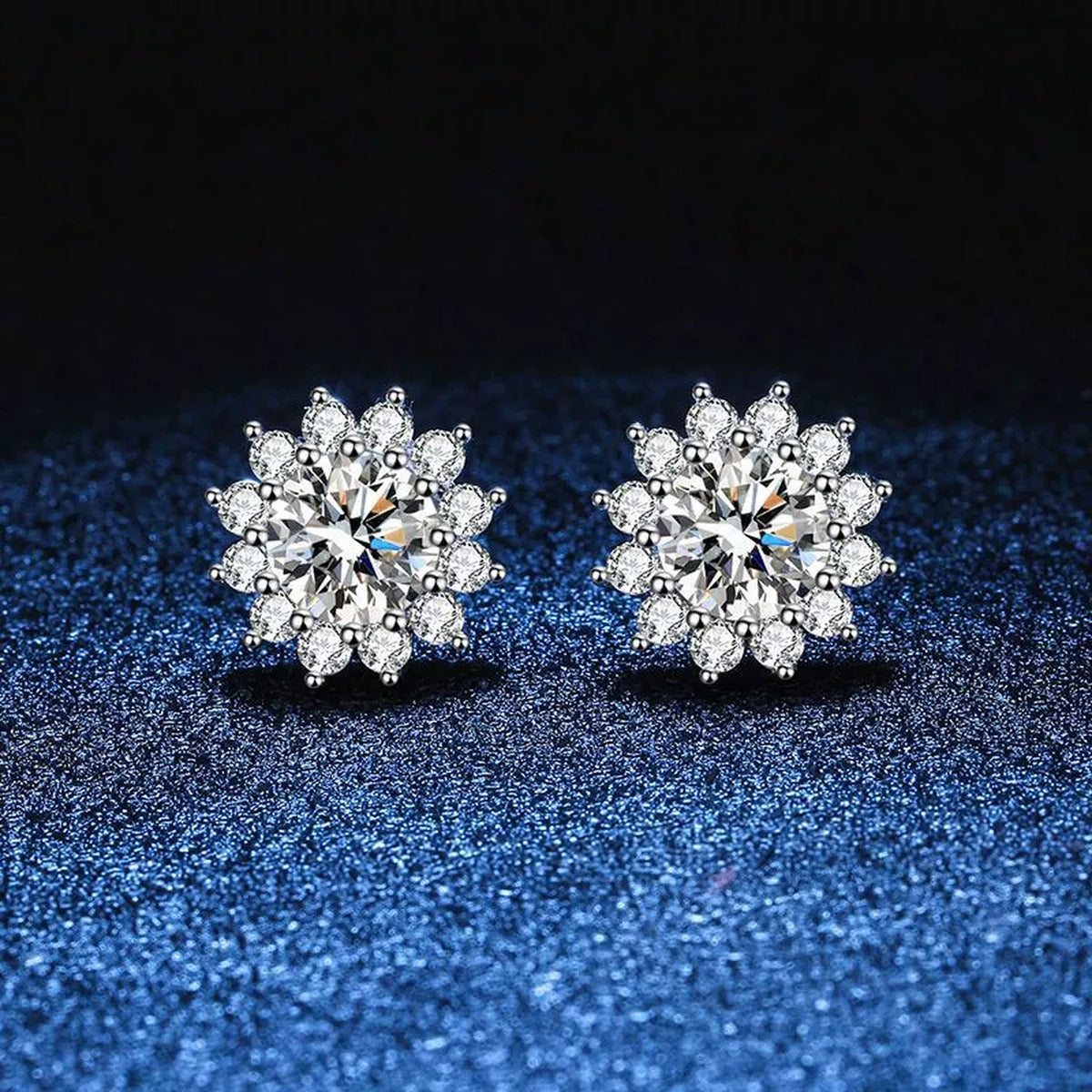 Floral Cluster Moissanite Stud Earrings with CZ in White Gold-Plated S925 blue scene product view