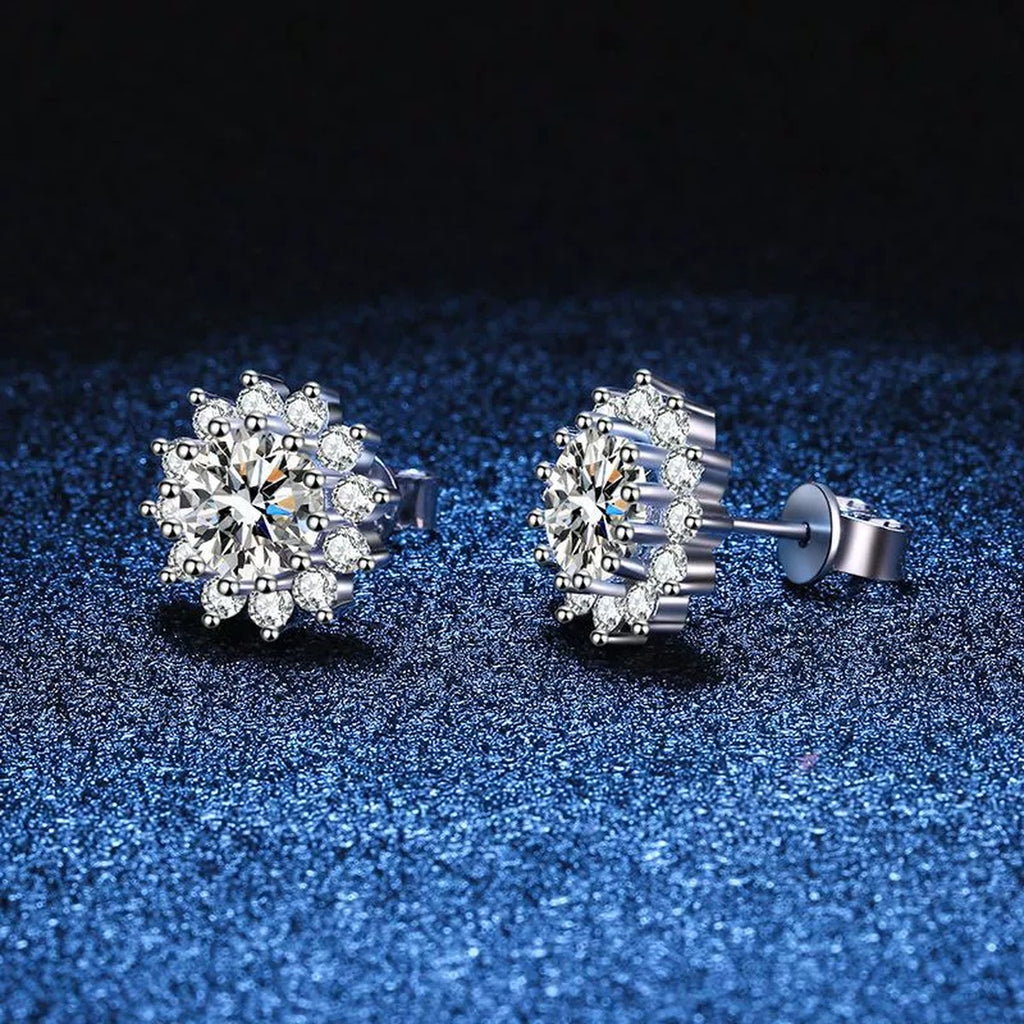 Floral Cluster Moissanite Stud Earrings with CZ in White Gold-Plated S925 blue scene angled view