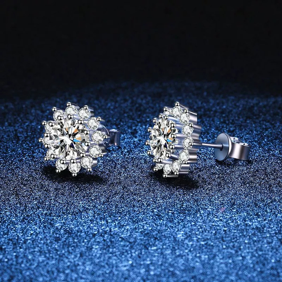 Floral Cluster Moissanite Stud Earrings with CZ in White Gold-Plated S925 blue scene angled view