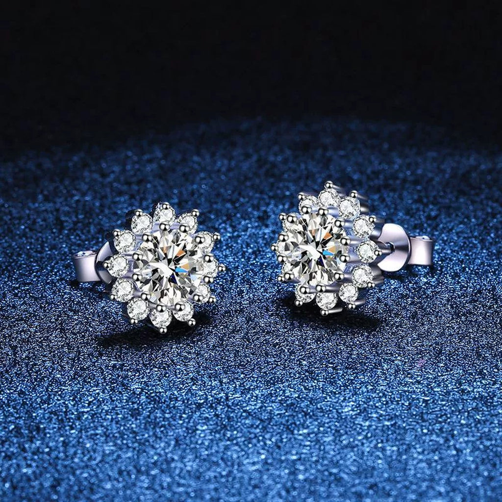 Floral Cluster Moissanite Stud Earrings with CZ in White Gold-Plated S925 blue scene close-up view