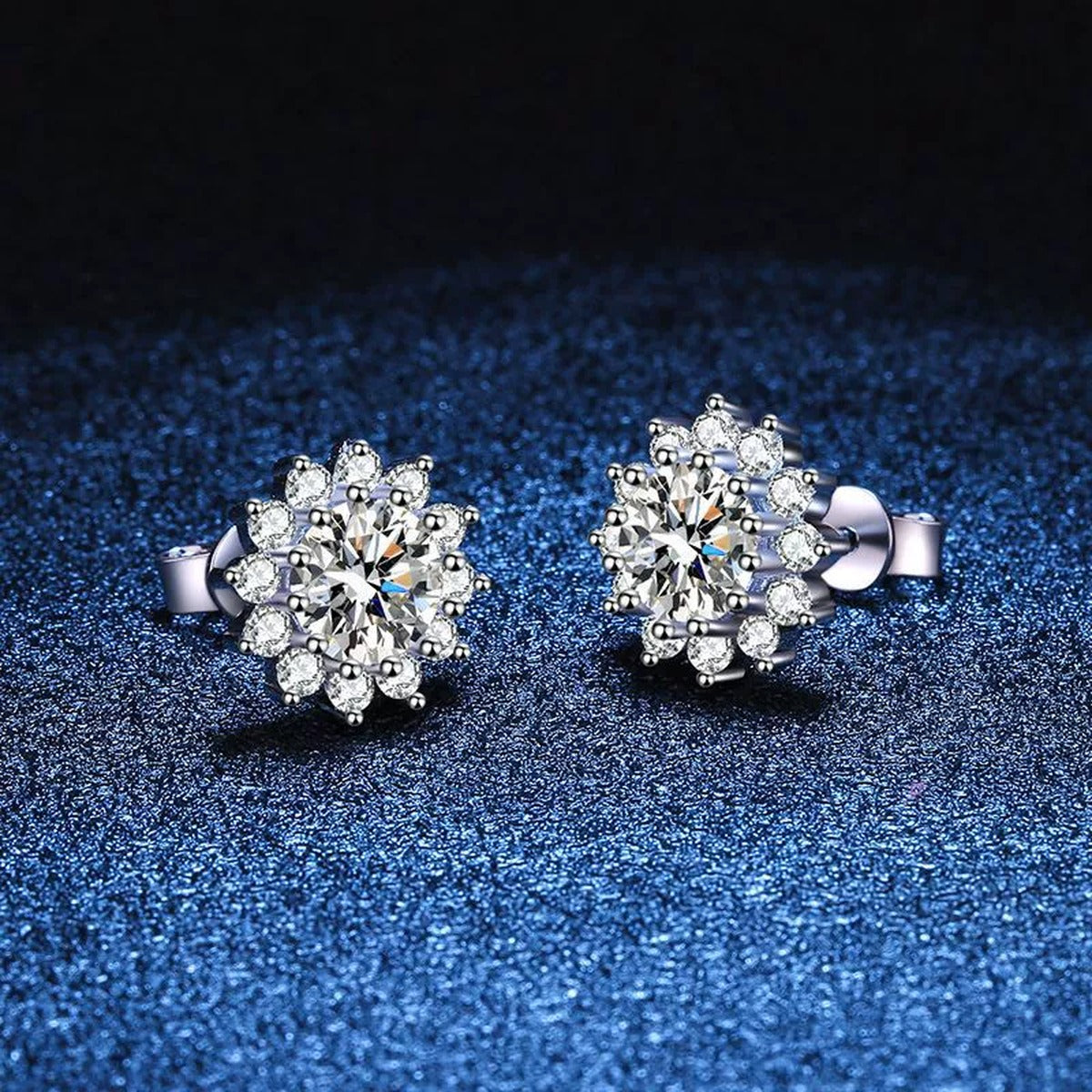 Floral Cluster Moissanite Stud Earrings with CZ in White Gold-Plated S925 blue scene close-up view