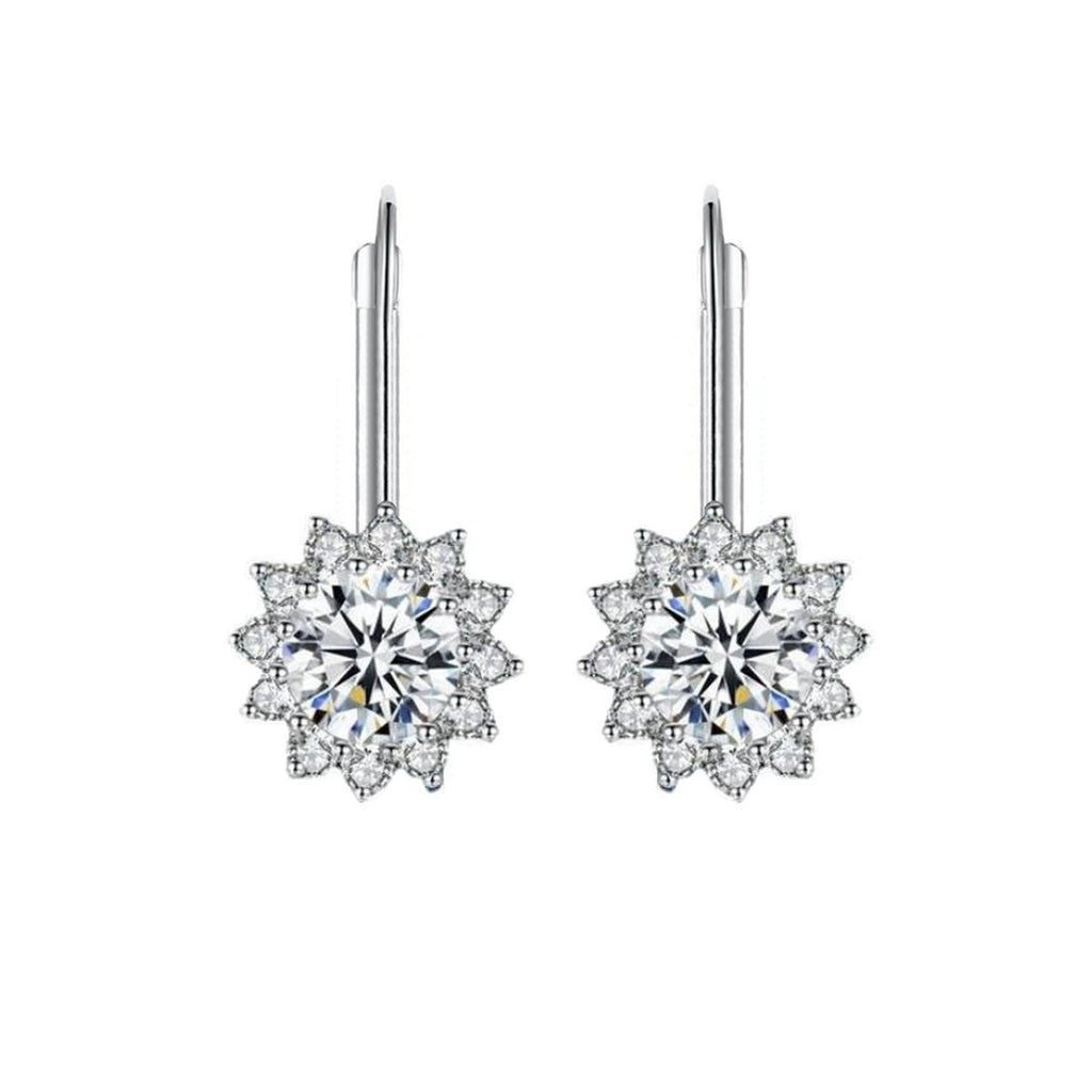 Snowflake Moissanite Threader Earrings with CZ in White Gold-Plated S925 on clean white background showing the pair and threader drop earrings ending in snowflake-inspired moissanite clusters