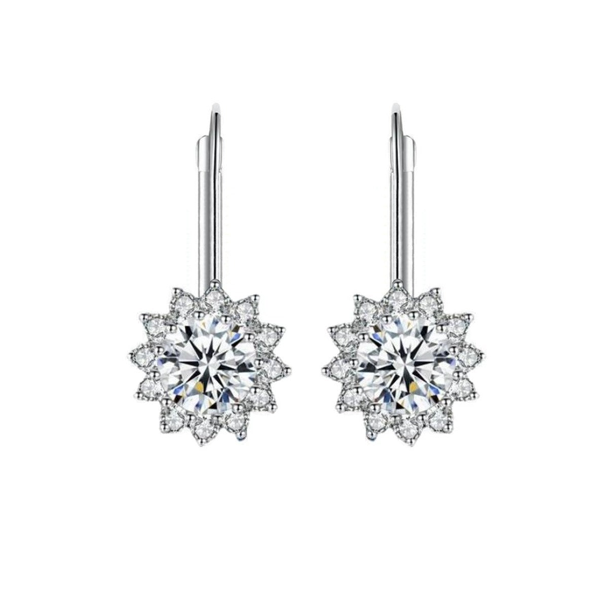 Snowflake Moissanite Threader Earrings with CZ in White Gold-Plated S925 on clean white background showing the pair and threader drop earrings ending in snowflake-inspired moissanite clusters