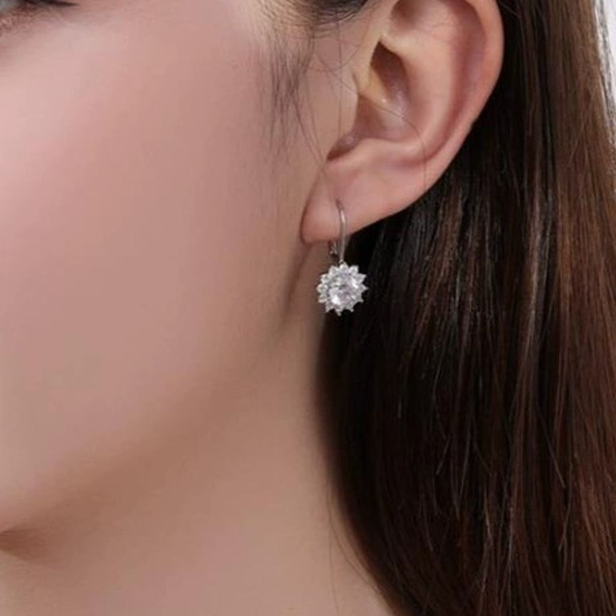 Snowflake Moissanite Threader Earrings with CZ in White Gold-Plated S925 worn on ear by model