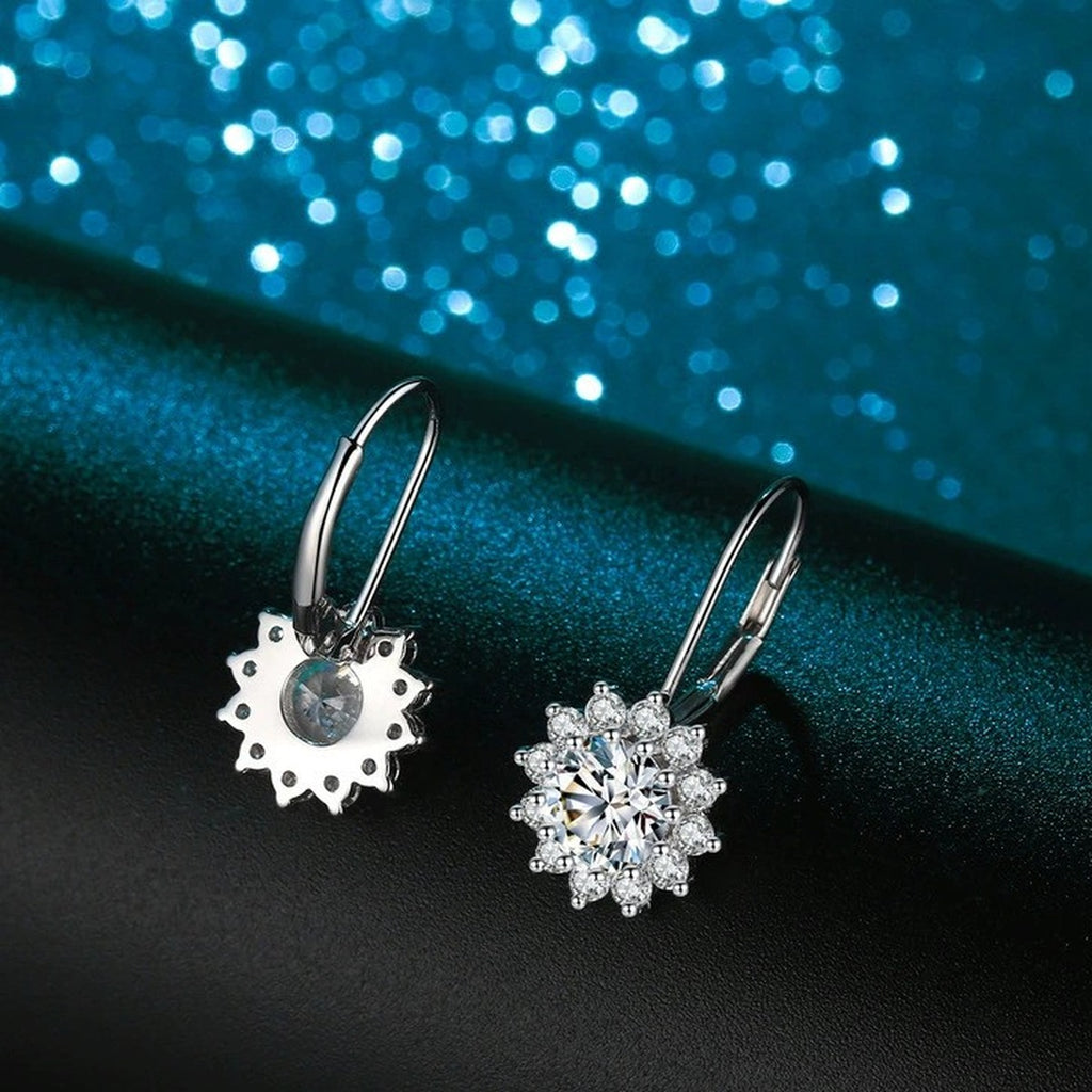 Snowflake Moissanite Threader Earrings with CZ in White Gold-Plated S925 blue scene angled view
