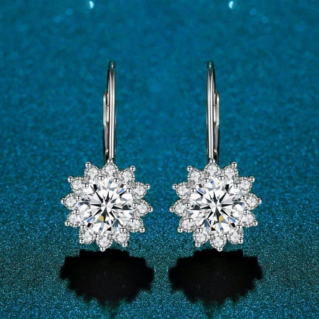 Snowflake Moissanite Threader Earrings with CZ in White Gold-Plated S925 blue scene close-up view