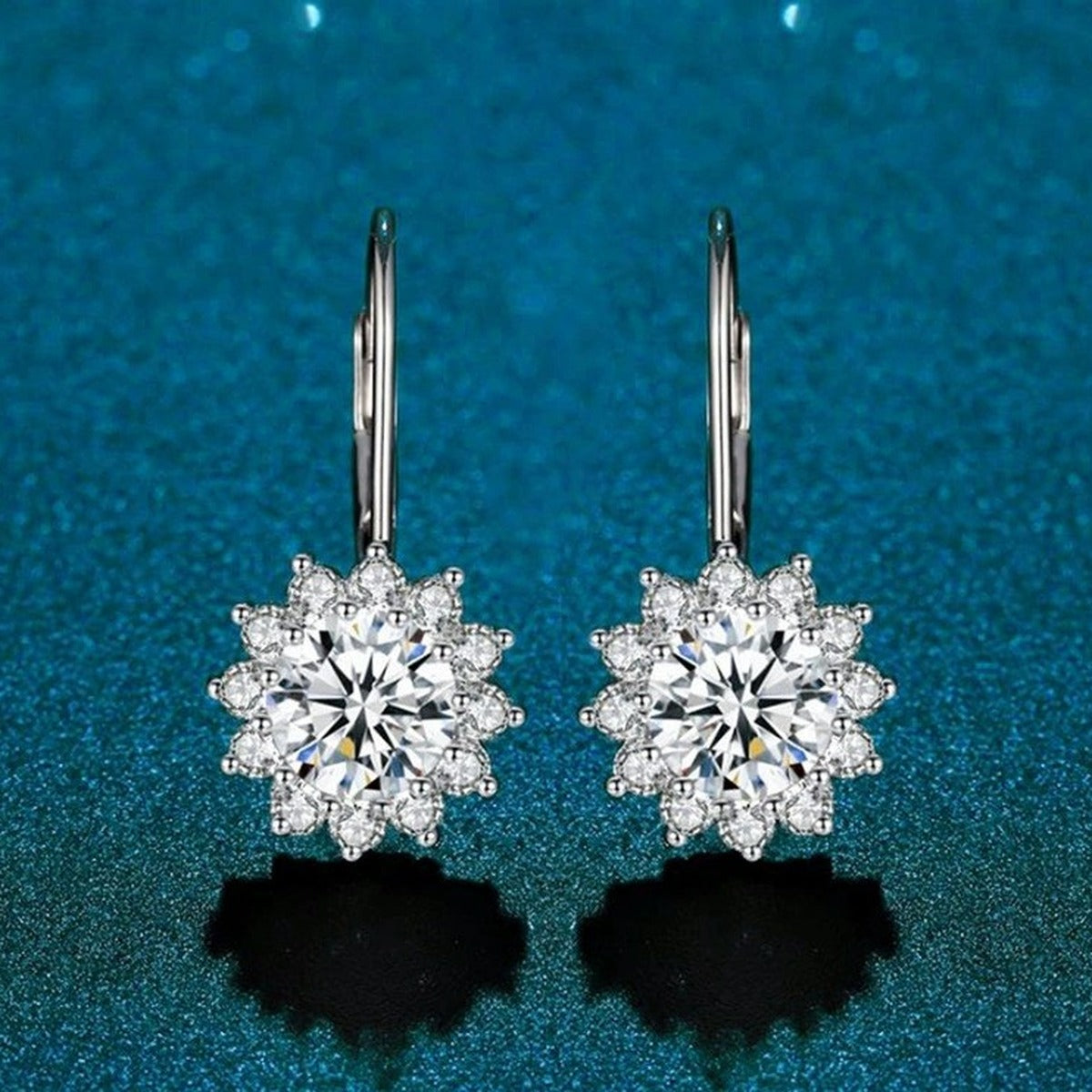 Snowflake Moissanite Threader Earrings with CZ in White Gold-Plated S925 blue scene close-up view