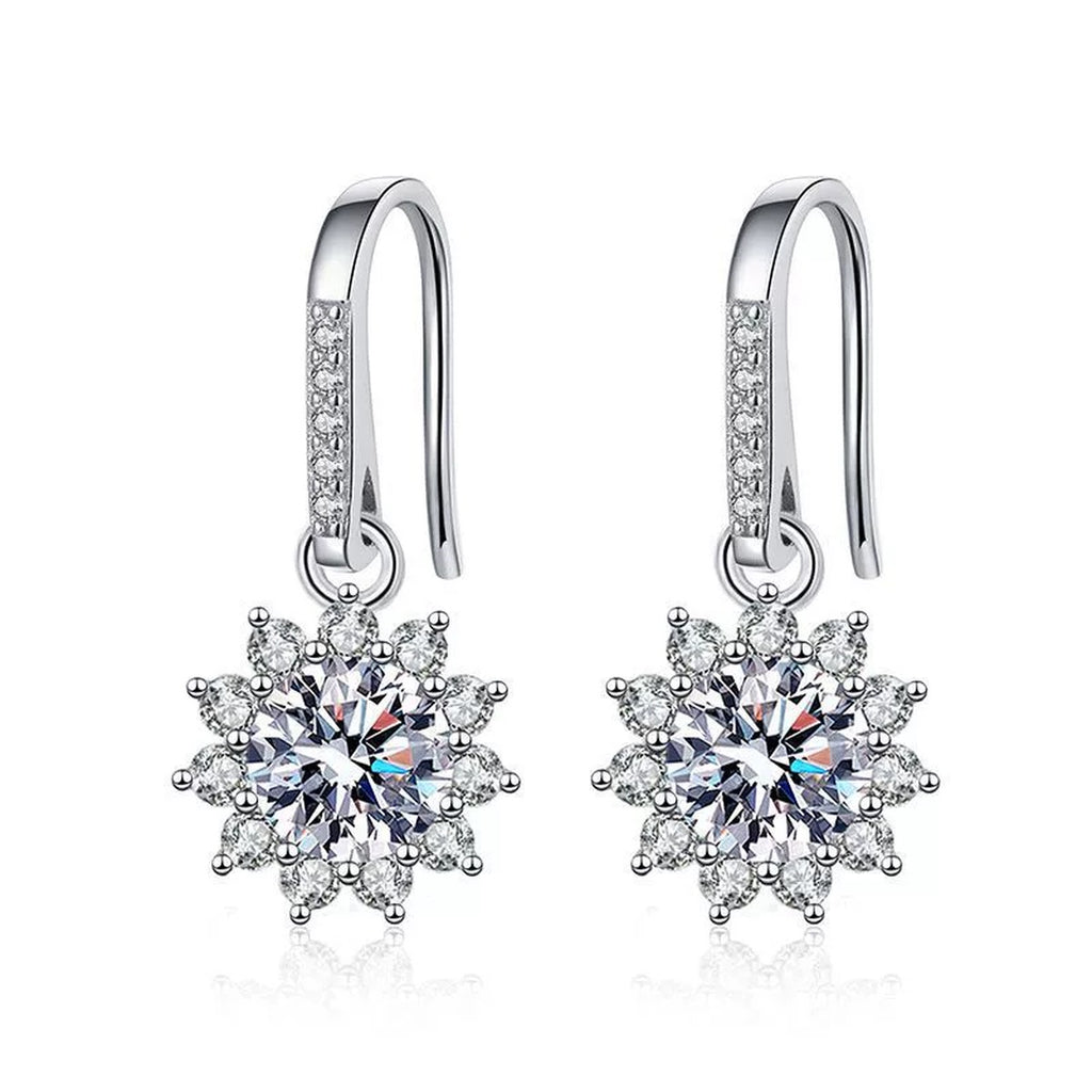 Snowflake Moissanite Drop Earrings with CZ in White Gold-Plated S925 on clean white background showing the pair and long hook drops with snowflake-like moissanite clusters