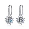 Snowflake Moissanite Drop Earrings with CZ in White Gold-Plated S925 on clean white background showing the pair and long hook drops with snowflake-like moissanite clusters