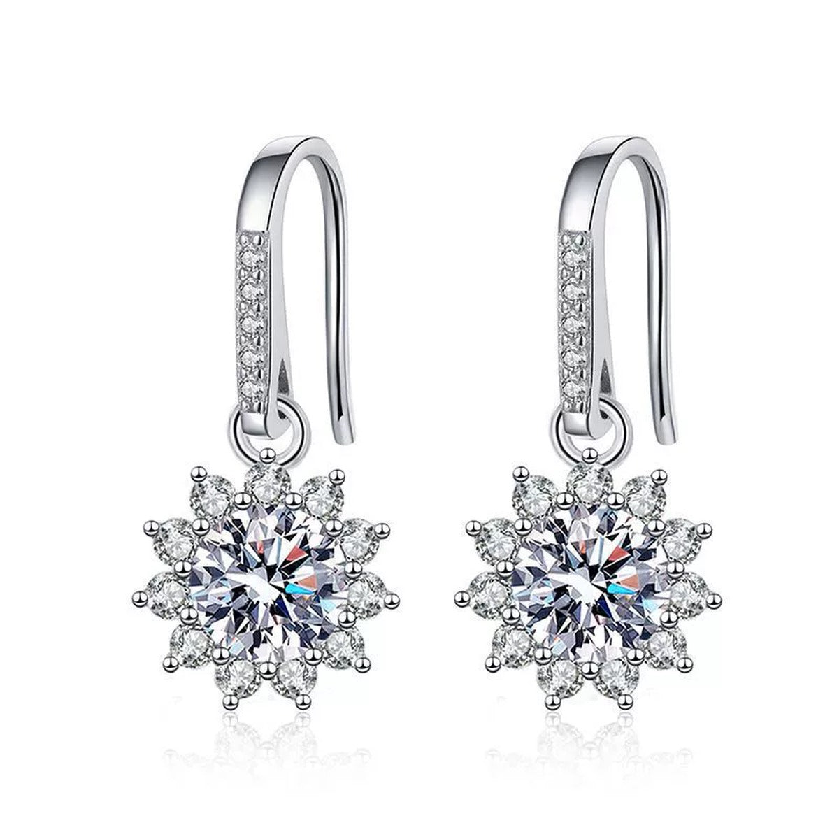 Snowflake Moissanite Drop Earrings with CZ in White Gold-Plated S925 on clean white background showing the pair and long hook drops with snowflake-like moissanite clusters