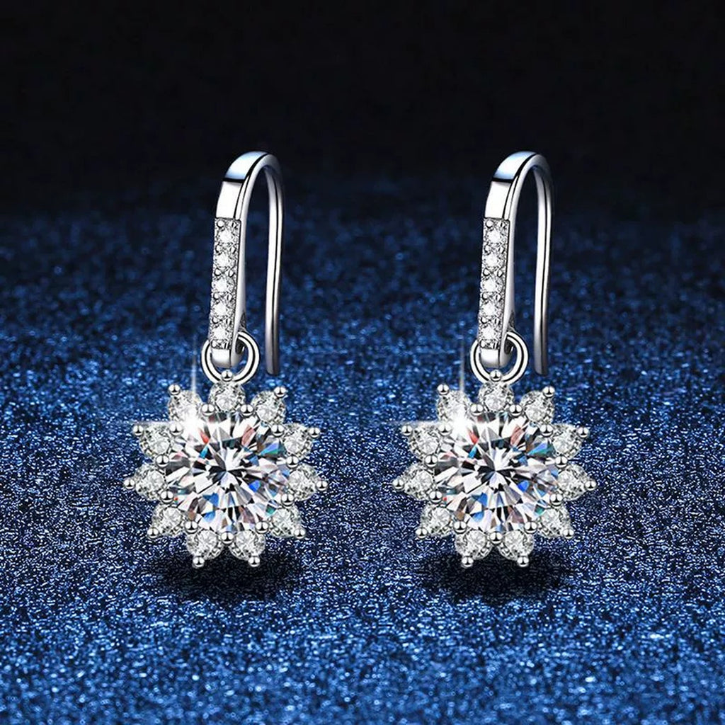 Snowflake Moissanite Drop Earrings with CZ in White Gold-Plated S925 blue scene product view
