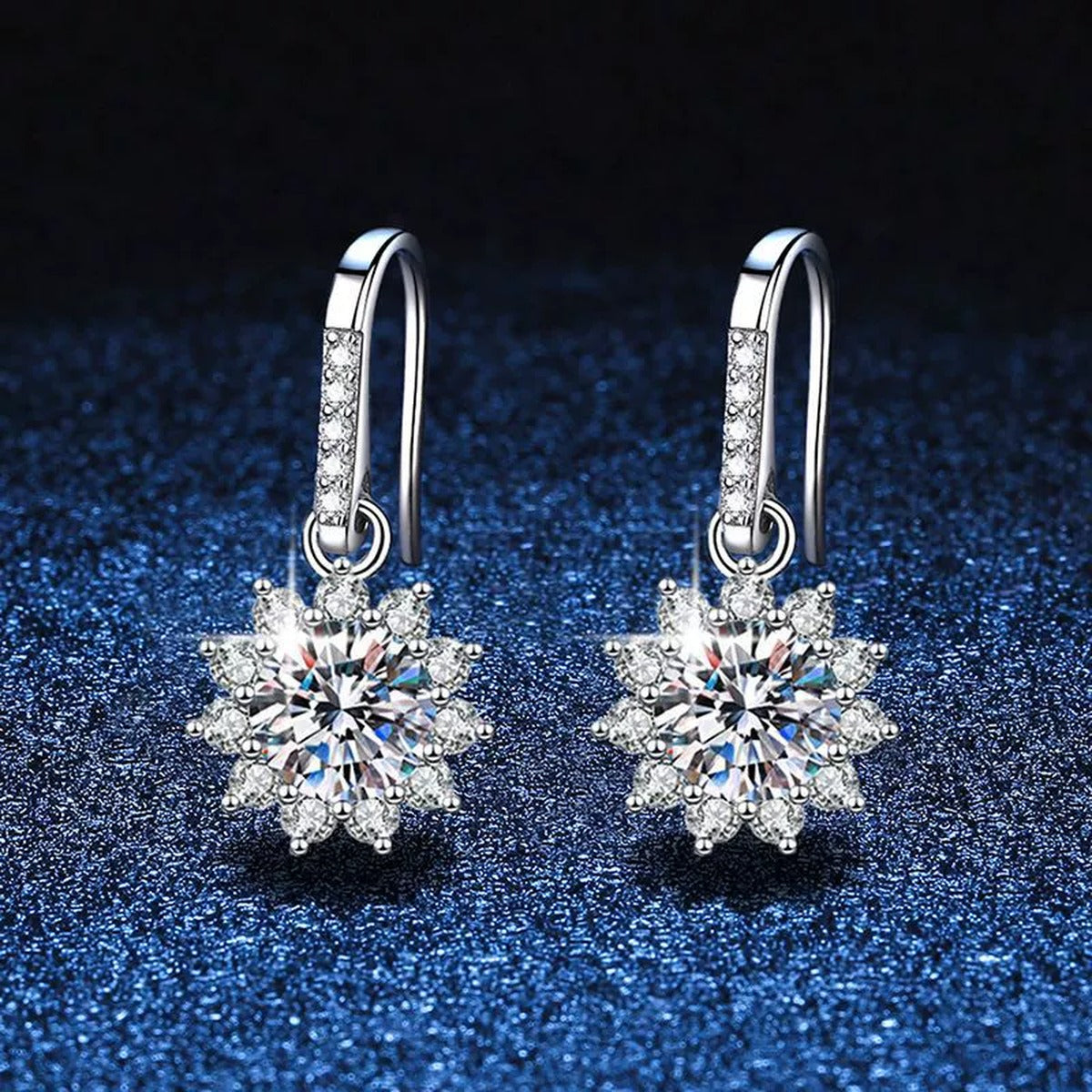 Snowflake Moissanite Drop Earrings with CZ in White Gold-Plated S925 blue scene product view
